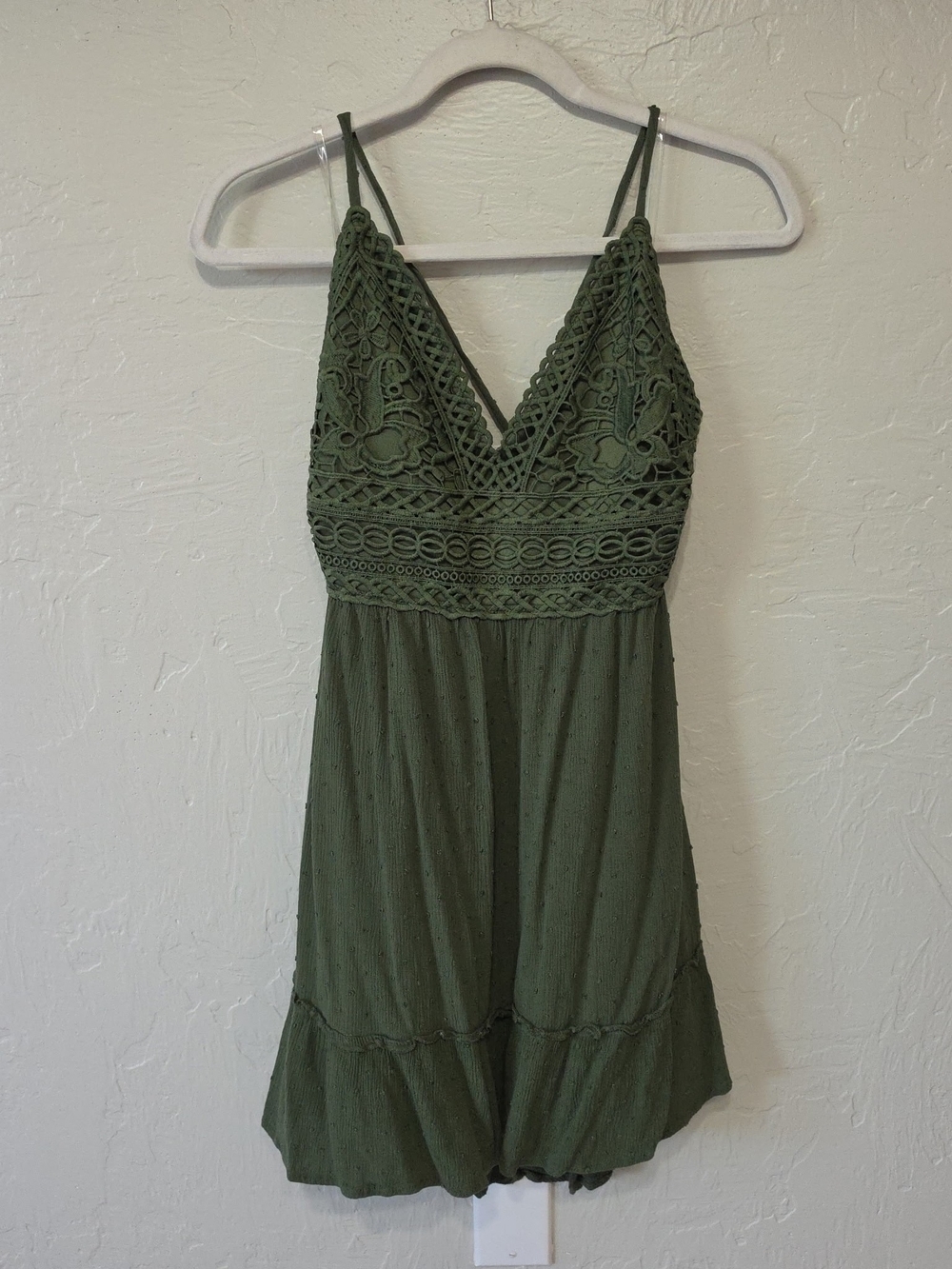 Olive Green Crochet Bodice Spaghetti Strap Mini Dress
